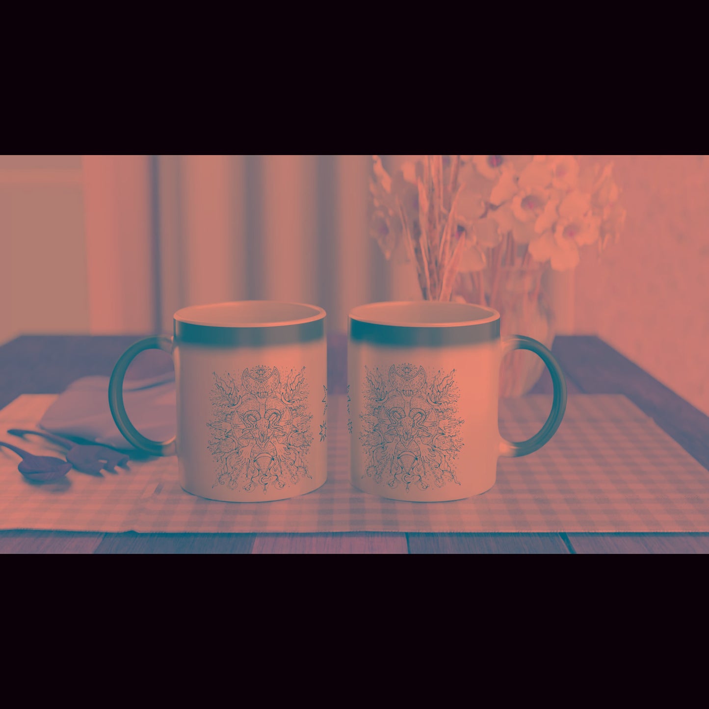 Black coffee mugs Mystic Ram Art and Design by HadiArts