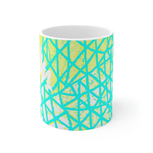 Decorative Ceramic Coffee Mug 15oz, Cyan Blue Lime Green And White Pattern