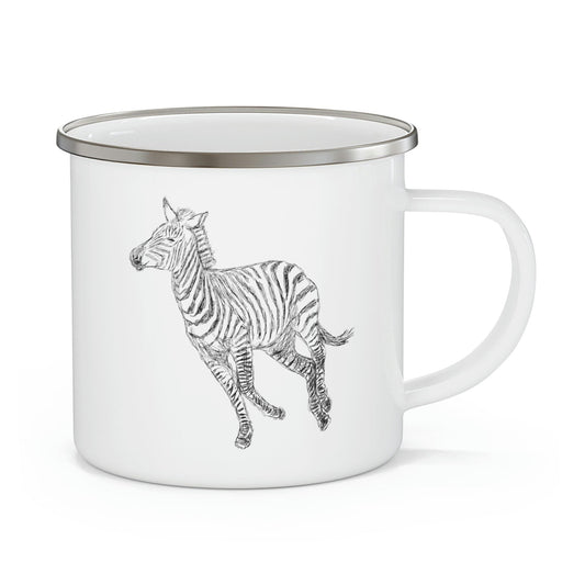 Enamel Camping Mug, Galloping Zebra Line Art Drawing Print