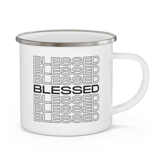 Enamel Camping Mug, Stacked Blessed Print - Inspirational Affirmation - Black